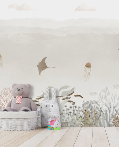 bruine aanpasbare muurschildering voor de kinderkamer genaamd Sensational Sea - Brown Panorama van Oliver Robins