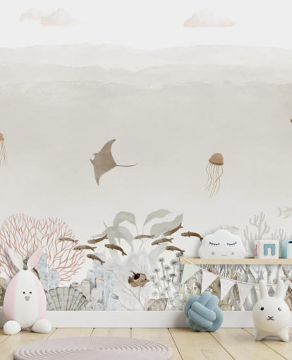 bruine aanpasbare muurschildering voor de kinderkamer genaamd Sensational Sea - Brown Panorama van Oliver Robins