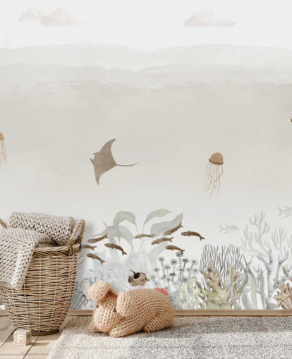 bruine aanpasbare muurschildering voor de kinderkamer genaamd Sensational Sea - Brown Panorama van Oliver Robins