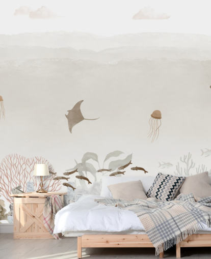 brun anpassningsbar plantskola väggmålning kallad Sensational Sea - Brown Panorama av Oliver Robins