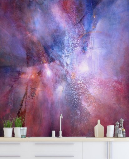 lilla og lyserødt tilpasseligt abstrakt vægmaleri kaldet A Fracture in the Indigo Dream af Annette Schmucker lilla og lyserødt tilpasseligt abstrakt vægmaleri kaldet A Fracture in the Indigo Dream af Annette Schmucker