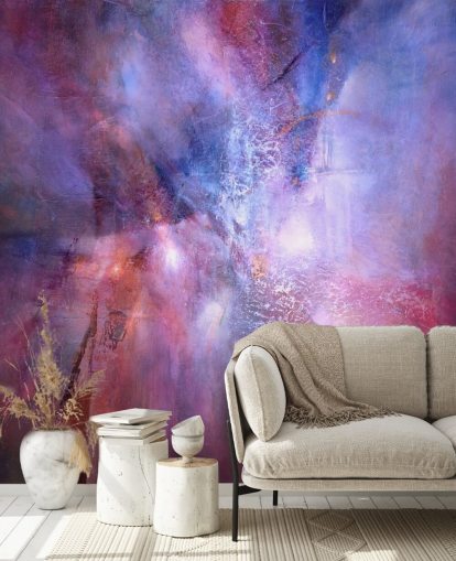 paarse en roze aanpasbare abstracte muurschildering genaamd A Fracture in the Indigo Dream van Annette Schmucker paarse en roze aanpasbare abstracte muurschildering genaamd A Fracture in the Indigo Dream van Annette Schmucker