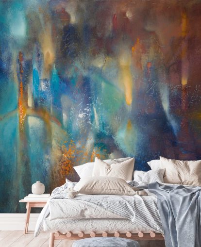 mural abstracto moderno y colorido llamado Form in Flux de Annette Schmucker para dormitorios, estudios y espacios creativos