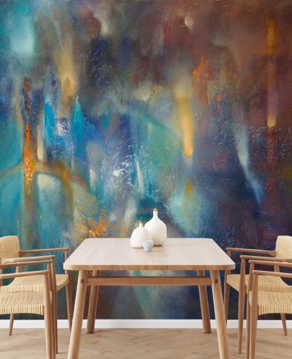 kleurrijke moderne abstracte muurschildering op maat genaamd Form in Flux van Annette Schmucker voor slaapkamers, studio's en creatieve ruimtes