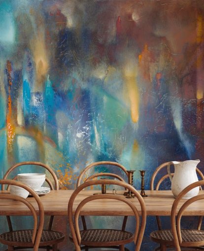 mural abstrato moderno e colorido chamado Form in Flux, de Annette Schmucker, para quartos, estúdios e espaços criativos