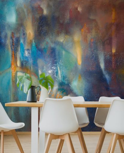 kleurrijke moderne abstracte muurschildering op maat genaamd Form in Flux van Annette Schmucker voor slaapkamers, studio's en creatieve ruimtes