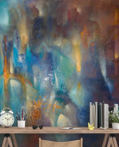 kleurrijke moderne abstracte muurschildering op maat genaamd Form in Flux van Annette Schmucker voor slaapkamers, studio's en creatieve ruimtes