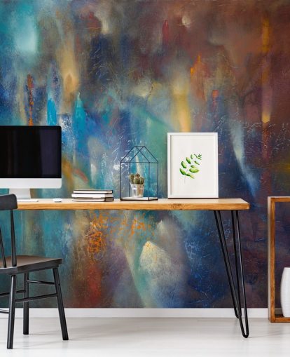 kleurrijke moderne abstracte muurschildering op maat genaamd Form in Flux van Annette Schmucker voor slaapkamers, studio's en creatieve ruimtes