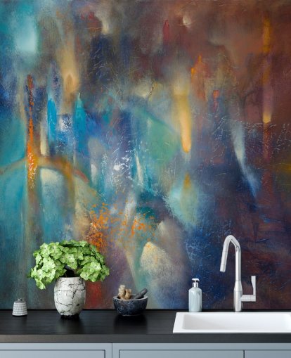 peinture murale abstraite moderne colorée et personnalisée appelée Form in Flux par Annette Schmucker pour les chambres, les studios et les espaces créatifs