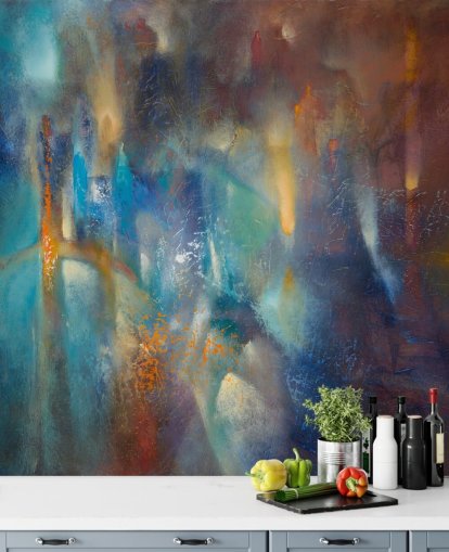 mural abstracto moderno y colorido llamado Form in Flux de Annette Schmucker para dormitorios, estudios y espacios creativos