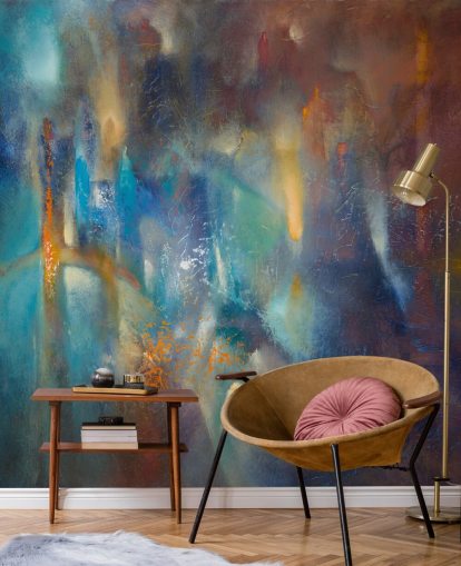 mural abstrato moderno e colorido chamado Form in Flux, de Annette Schmucker, para quartos, estúdios e espaços criativos