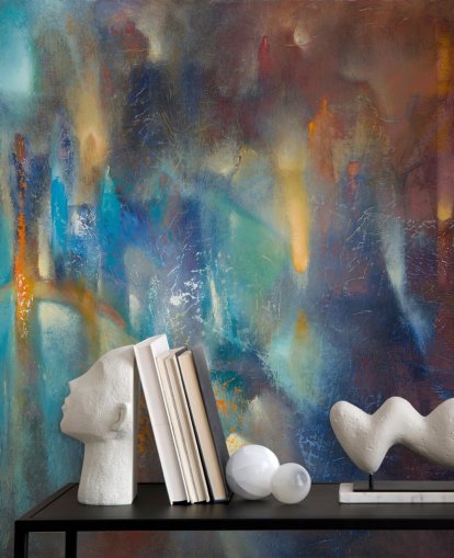 peinture murale abstraite moderne colorée et personnalisée appelée Form in Flux par Annette Schmucker pour les chambres, les studios et les espaces créatifs peinture murale abstraite moderne colorée et personnalisée appelée Form in Flux par Annette Schmucker pour les chambres, les studios et les espaces créatifs