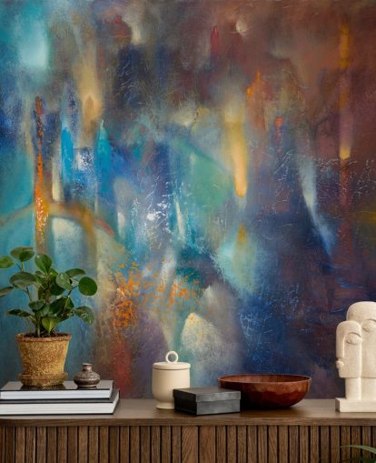 mural abstracto moderno y colorido llamado Form in Flux de Annette Schmucker para dormitorios, estudios y espacios creativos