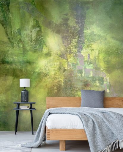 green customisable abstract mural called Gilded Green with a Trace of Violet by Annette Schmucker