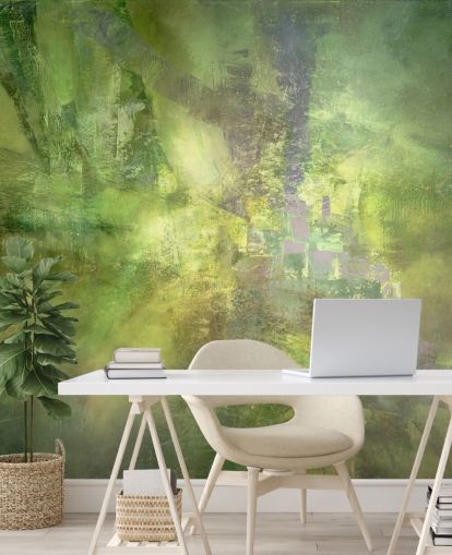 mural abstracto personalizable verde llamado Verde dorado con un rastro de violeta de Annette Schmucker mural abstracto personalizable verde llamado Verde dorado con un rastro de violeta de Annette Schmucker