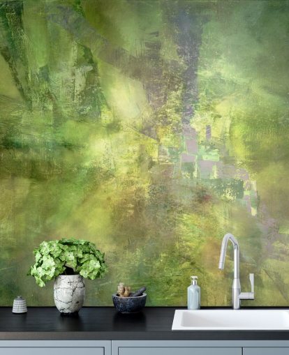 green customizable abstract mural called Gilded Green with a Trace of Violet by Annette Schmucker