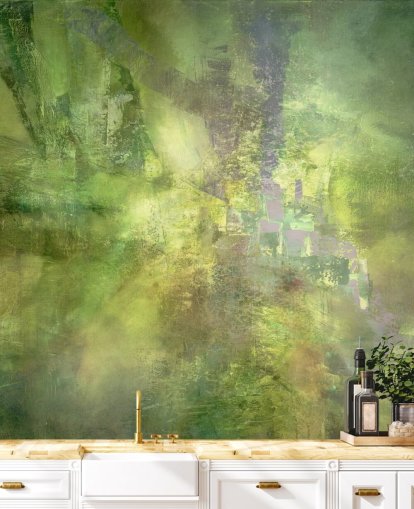 groene aanpasbare abstracte muurschildering genaamd Gilded Green with a Trace of Violet van Annette Schmucker groene aanpasbare abstracte muurschildering genaamd Gilded Green with a Trace of Violet van Annette Schmucker