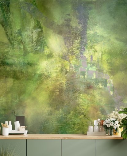 peinture murale abstraite verte personnalisable appelée Gilded Green with a Trace of Violet par Annette Schmucker