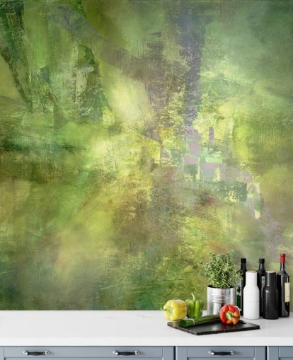 green customisable abstract mural called Gilded Green with a Trace of Violet by Annette Schmucker