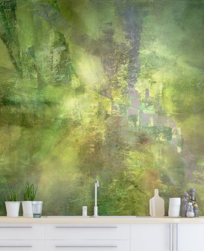 grön anpassningsbar abstrakt väggmålning kallad Gilded Green with a Trace of Violet av Annette Schmucker grön anpassningsbar abstrakt väggmålning kallad Gilded Green with a Trace of Violet av Annette Schmucker