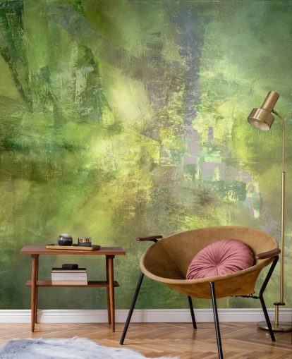 green customisable abstract mural called Gilded Green with a Trace of Violet by Annette Schmucker