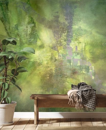 mural abstracto personalizable verde llamado Verde dorado con un rastro de violeta de Annette Schmucker