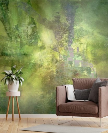 mural abstracto personalizable verde llamado Verde dorado con un rastro de violeta de Annette Schmucker