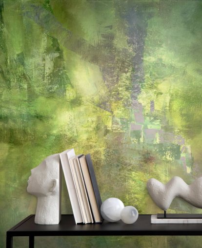 green customisable abstract mural called Gilded Green with a Trace of Violet by Annette Schmucker