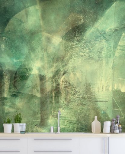 grønt brugerdefineret abstrakt vægmaleri kaldet Hall of Emerald Light af Annette Schmucker grønt brugerdefineret abstrakt vægmaleri kaldet Hall of Emerald Light af Annette Schmucker