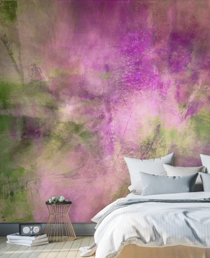 Personalisierbares abstraktes Wandbild in Grün und Lila mit dem Titel Moss Green in Purple Light von Annette Schmucker