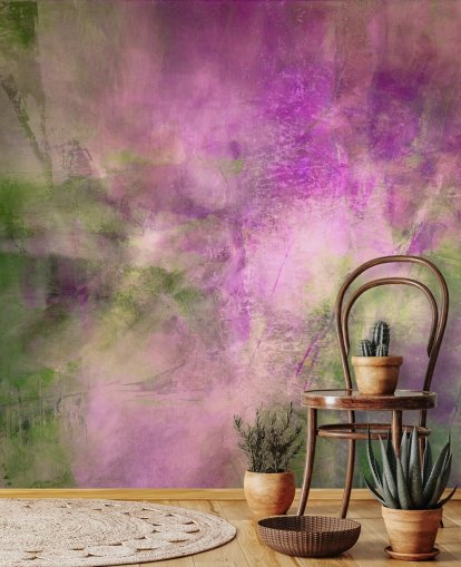 grønt og lilla tilpassbart abstrakt veggmaleri kalt Moss Green in Purple Light av Annette Schmucker