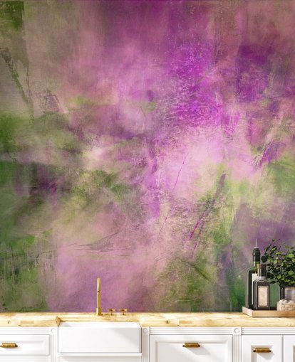 green and purple customisable abstract mural called Moss Green in Purple Light by Annette Schmucker