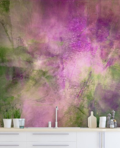green and purple customisable abstract mural called Moss Green in Purple Light by Annette Schmucker