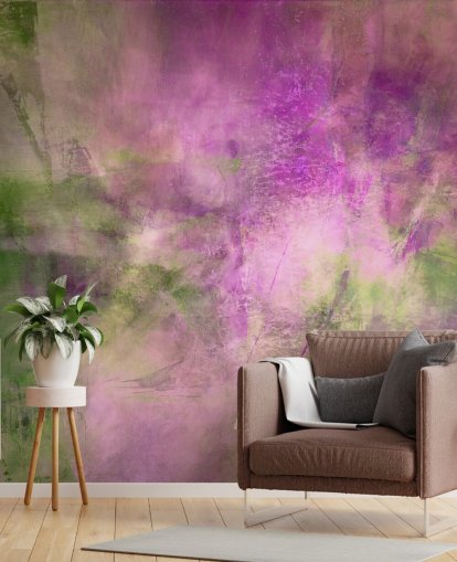 green and purple customisable abstract mural called Moss Green in Purple Light by Annette Schmucker