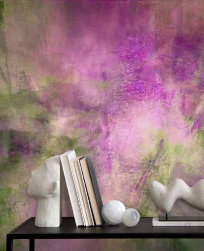 murale astratto personalizzabile verde e viola chiamato Moss Green in Purple Light di Annette Schmucker