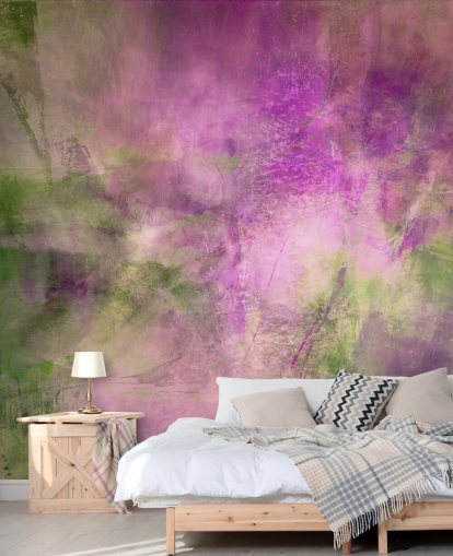 grønt og lilla tilpassbart abstrakt veggmaleri kalt Moss Green in Purple Light av Annette Schmucker