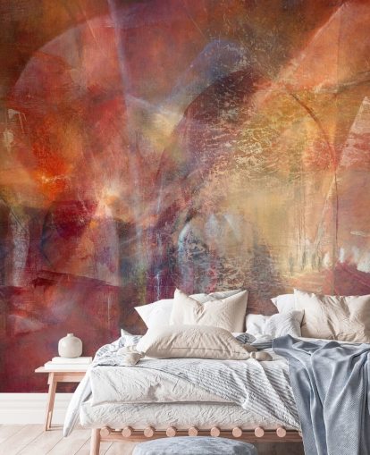 murale astratto personalizzabile rosso e arancione chiamato Threshold of the Velvet Sun di Annette Schmucker