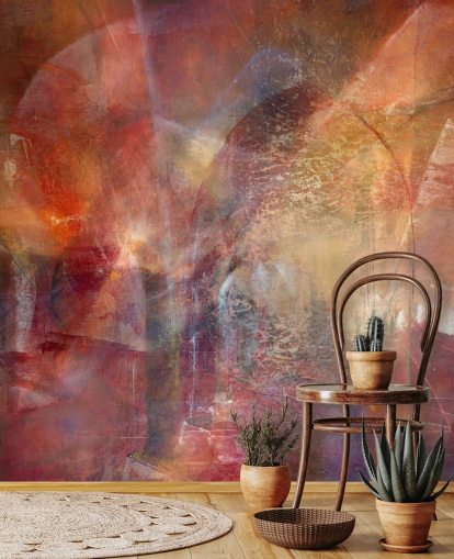 rødt og orange tilpassbart abstrakt vægmaleri kaldet Threshold of the Velvet Sun af Annette Schmucker