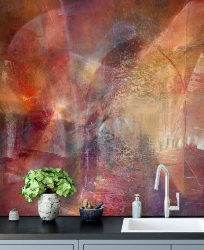 murale astratto personalizzabile rosso e arancione chiamato Threshold of the Velvet Sun di Annette Schmucker