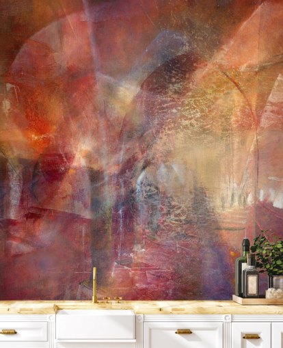 personalisierbares abstraktes Wandbild in Rot und Orange mit dem Titel Threshold of the Velvet Sun von Annette Schmucker