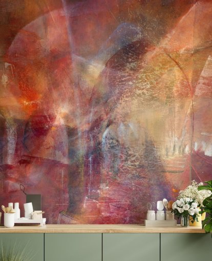 peinture murale abstraite personnalisable rouge et orange intitulée Threshold of the Velvet Sun par Annette Schmucker