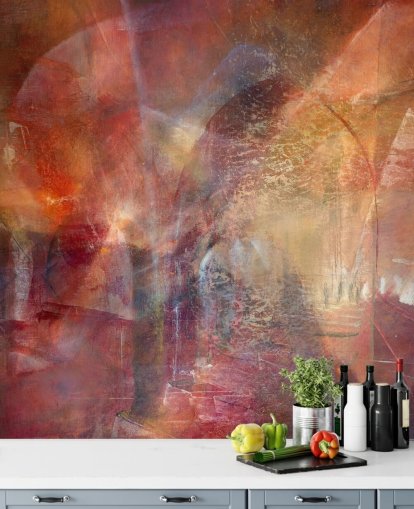 röd och orange anpassningsbar abstrakt väggmålning som heter Threshold of the Velvet Sun av Annette Schmucker