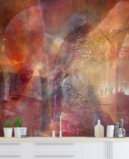 red and orange customisable abstract mural called Threshold of the Velvet Sun by Annette Schmucker