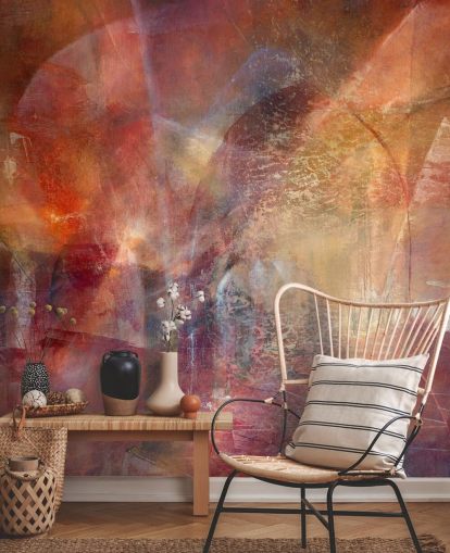 rode en oranje aanpasbare abstracte muurschildering genaamd Threshold of the Velvet Sun van Annette Schmucker rode en oranje aanpasbare abstracte muurschildering genaamd Threshold of the Velvet Sun van Annette Schmucker