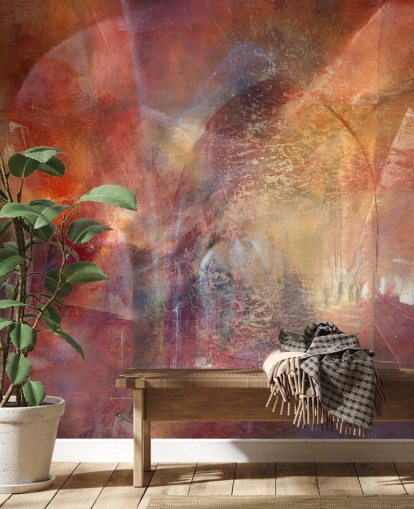rode en oranje aanpasbare abstracte muurschildering genaamd Threshold of the Velvet Sun van Annette Schmucker rode en oranje aanpasbare abstracte muurschildering genaamd Threshold of the Velvet Sun van Annette Schmucker