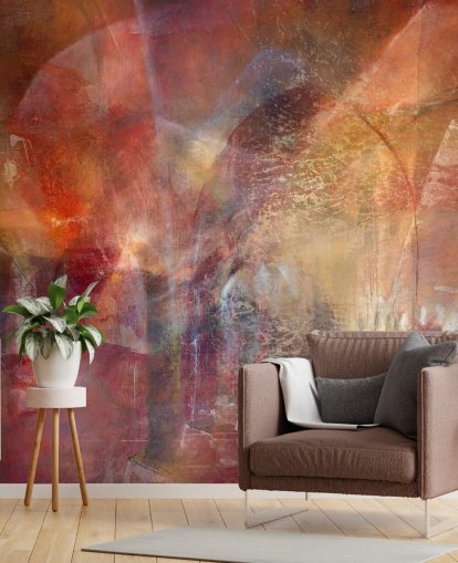 personalisierbares abstraktes Wandbild in Rot und Orange mit dem Titel Threshold of the Velvet Sun von Annette Schmucker