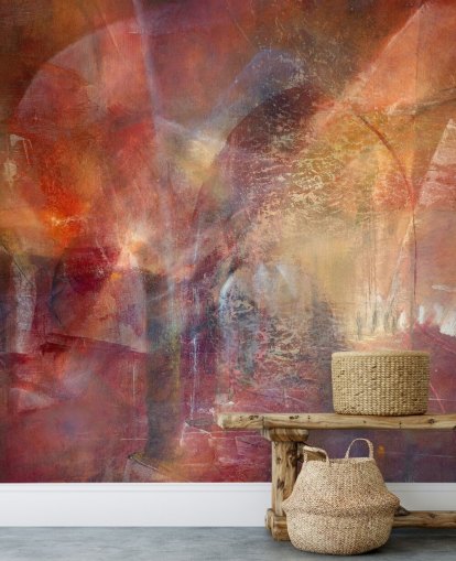 red and orange customisable abstract mural called Threshold of the Velvet Sun by Annette Schmucker