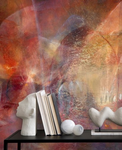 mural abstracto personalizable rojo y naranja llamado Threshold of the Velvet Sun de Annette Schmucker