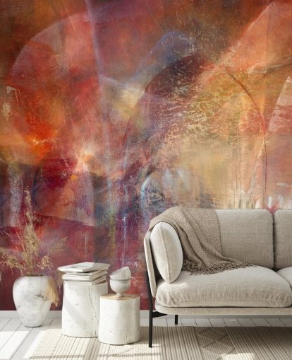 peinture murale abstraite personnalisable rouge et orange intitulée Threshold of the Velvet Sun par Annette Schmucker peinture murale abstraite personnalisable rouge et orange intitulée Threshold of the Velvet Sun par Annette Schmucker