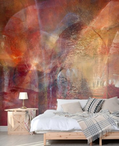 rode en oranje aanpasbare abstracte muurschildering genaamd Threshold of the Velvet Sun van Annette Schmucker rode en oranje aanpasbare abstracte muurschildering genaamd Threshold of the Velvet Sun van Annette Schmucker